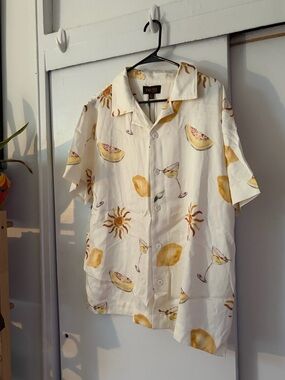 Truth Cream Short-Sleeve Button-Up with Yellow Citrus & Sun Motif
